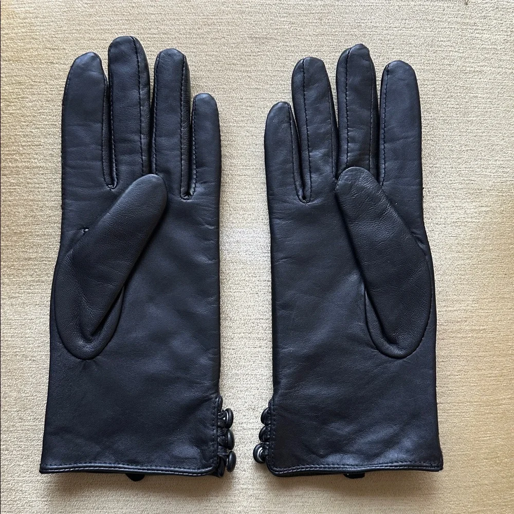 Dennis Basso Black Quilted Leather Gloves with Buttons Women's Size S
